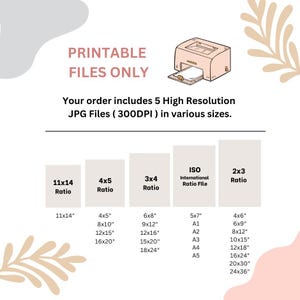 May include: Printable JPG files in various sizes, including 11x14, 4x5, 3x4, ISO international ratio, and 2x3 ratios. The image shows a printer icon and a list of sizes in inches.