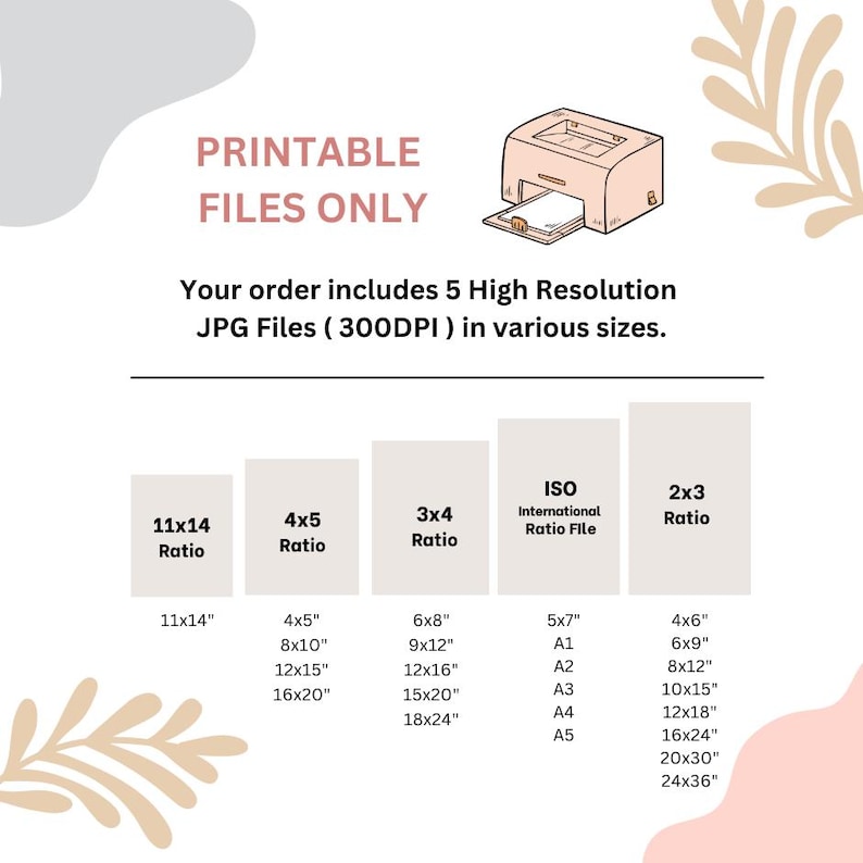 May include: Printable JPG files in various sizes, including 11x14, 4x5, 3x4, ISO international ratio, and 2x3 ratios. The image shows a printer icon and a list of sizes in inches.
