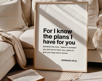 Jeremia 29:11 printbare muurdecoratie, Bijbelcitaat: "Want Ik ken de plannen die Ik voor jullie heb", christelijke digitale download, minimalistische muurdecoratie
