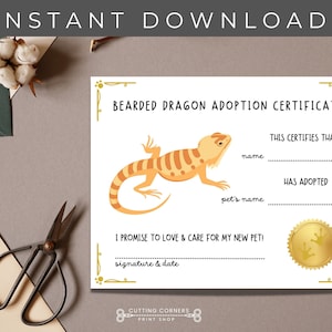 Druckbare Bartagame Adoptionsurkunde, neues Haustier Andenken, Bartagame Geschenk, Kinder Haustier Adoptionsurkunde, Reptilien Pflegeblatt
