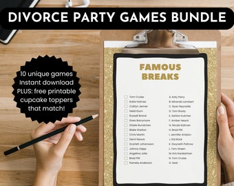 10 Printable Divorce Party Games Bundle, Funny Break-up Games, Divorcee Shower Party Games, Gold Divorced Cupcake Toppers, Newly Single Game