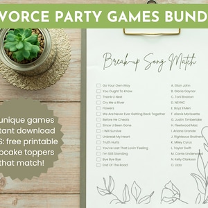 10 Printable Divorce Party Games Bundle, Funny Break-up Games, Divorcee Shower Party Games, Divorced Cupcake Toppers, Newly Single Game