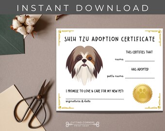 Printable Shih Tzu Adoption Certificate, Pet Puppy Adoption, Shih Tzu Gifts, Puppy Adoption Certificate, Pet Adoption Birthday Party