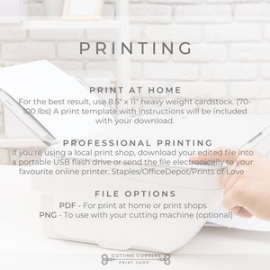 Op de afbeelding: Een witte printer met een vel papier in de lade. De tekst op de afbeelding luidt "PRINTING", "PRINT AT HOME", "PROFESSIONAL PRINTING" en "FILE OPTIONS". De tekst bevat ook instructies voor het afdrukken thuis of bij een lokale drukker.