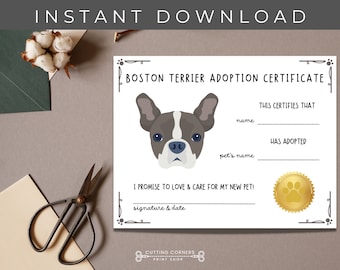 Printable Boston Terrier Adoption Certificate, New Puppy Keepsake, Dog Puppy Adoption Printable Certificate, Pet Adoption Birthday Party