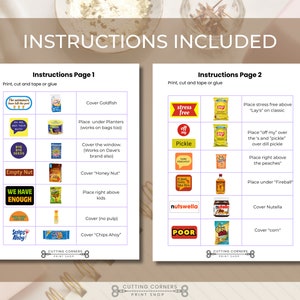 Op de afbeelding: Instructies voor een printbaar partyspel met populaire snacks. De instructies omvatten het plaatsen van de geprinte afbeeldingen op de snackzakken op specifieke locaties. Het spel bevat populaire snacks zoals Goldfish-crackers, Planters-pinda's, Honey Nut Cheerios en meer.