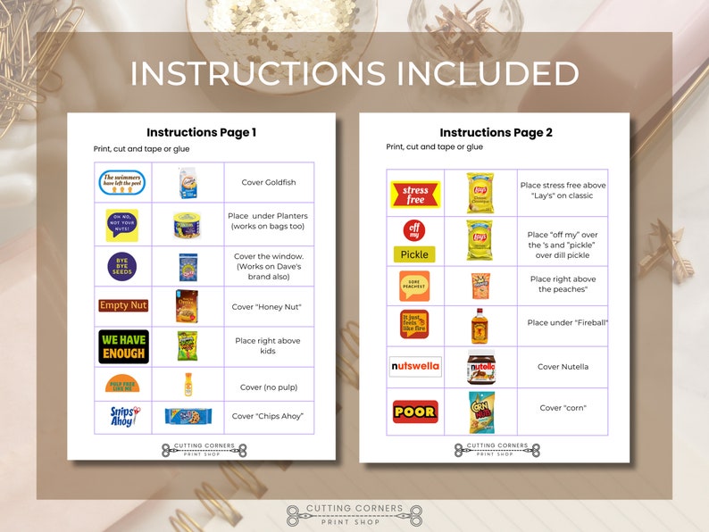 Op de afbeelding: Instructies voor een printbaar partyspel met populaire snacks. De instructies omvatten het plaatsen van de geprinte afbeeldingen op de snackzakken op specifieke locaties. Het spel bevat populaire snacks zoals Goldfish-crackers, Planters-pinda's, Honey Nut Cheerios en meer.
