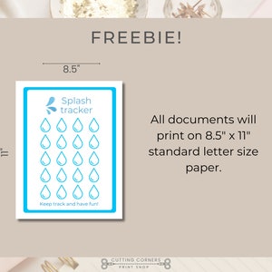 Op de afbeelding: Een printbare "Splash Tracker"-kaart van 8,5 x 11 inch met 24 blauwe regendruppels. De kaart is ontworpen om te helpen bij het bijhouden van de voortgang naar een doel. De tekst "Keep track and have fun!" staat onderaan de kaart.