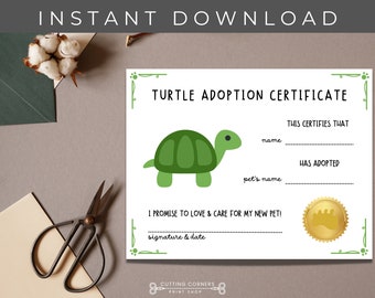 Printable Turtle Adoption Certificate, New Pet Keepsake, Pet Turtle Gift, Kid's Pet Adoption Certificate,Reptile Care Sheet Instant Download