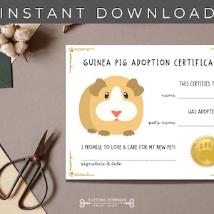 Afdrukbaar adoptiecertificaat cavia, aandenken nieuw huisdier, cadeau cavia, afdrukbaar adoptiecertificaat huisdier, huisdier direct downloaden huisdier