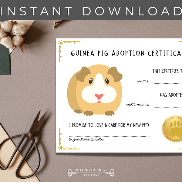 Printable Guinea Pig Adoption Certificate, New Pet Keepsake, Guinea Pig Gift, Kid's Pet Adoption Printable Certificate, Instant Download Pet