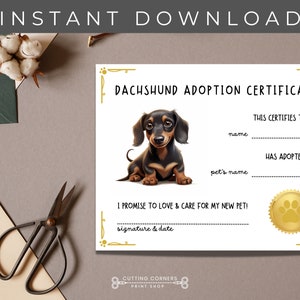 Afdrukbaar adoptiecertificaat teckelworstje hond, aandenken nieuwe puppy, afdrukbaar certificaat adoptie puppy, verjaardagsfeestje huisdier