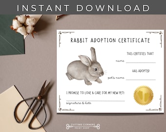 Certificat d'adoption imprimable lapin, nouvel animal de compagnie souvenir, cadeau lapin, certificat imprimable d'adoption d'animal de compagnie pour enfant, animal de compagnie à téléchargement immédiat