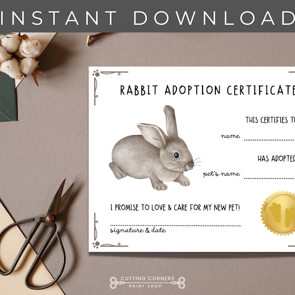 Printable Rabbit Bunny Adoption Certificate, New Pet Keepsake, Rabbit Gift, Kid's Pet Adoption Printable Certificate, Instant Download Pet