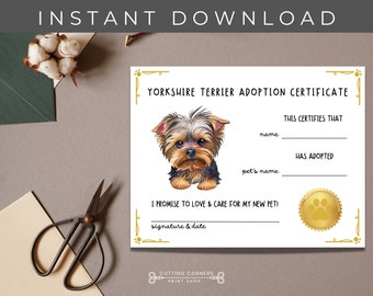 Printable Yorkshire Terrier Adoption Certificate, New Puppy Keepsake, Dog Puppy Adoption Printable Certificate, Pet Adoption Birthday Party