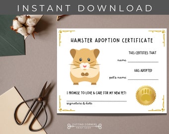 Printable Hamster Adoption Certificate, New Pet Keepsake, Dwarf