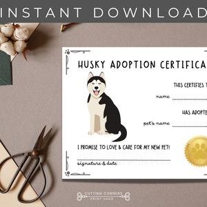 Printable Husky Adoption Certificate, New Puppy Keepsake, Dog Puppy Adoption Printable Certificate, Pet Adoption Birthday Party, Rescue Dog