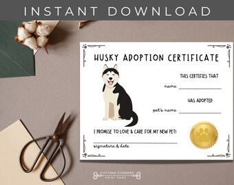 Printable Husky Adoption Certificate, New Puppy Keepsake, Dog Puppy Adoption Printable Certificate, Pet Adoption Birthday Party, Rescue Dog