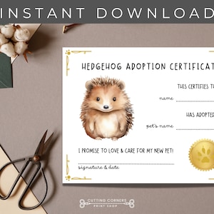 Igel Adoption Zertifikat, neues Haustier Andenken, Igel Geschenk, Kinder Haustier Adoption druckbare Zertifikat Sofortiger Download Igel