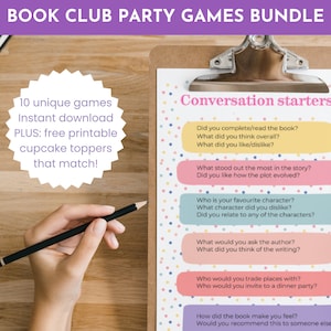 Printable Book Club Games & Activities, Book Lover’s Party Planner, Book Club Discussion Questions, Book Tracker, Book Club Cupcake Toppers
