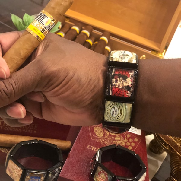Black cigar label bracelet, cigar bracelet. Cigar label accessory.