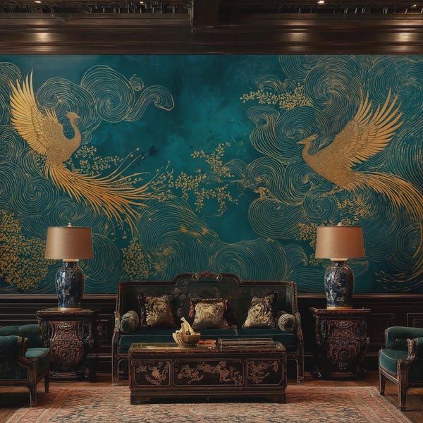 Teal Gold Phoenix Mural, Asian Inspired Bird Art, Maximalist Wall Decor