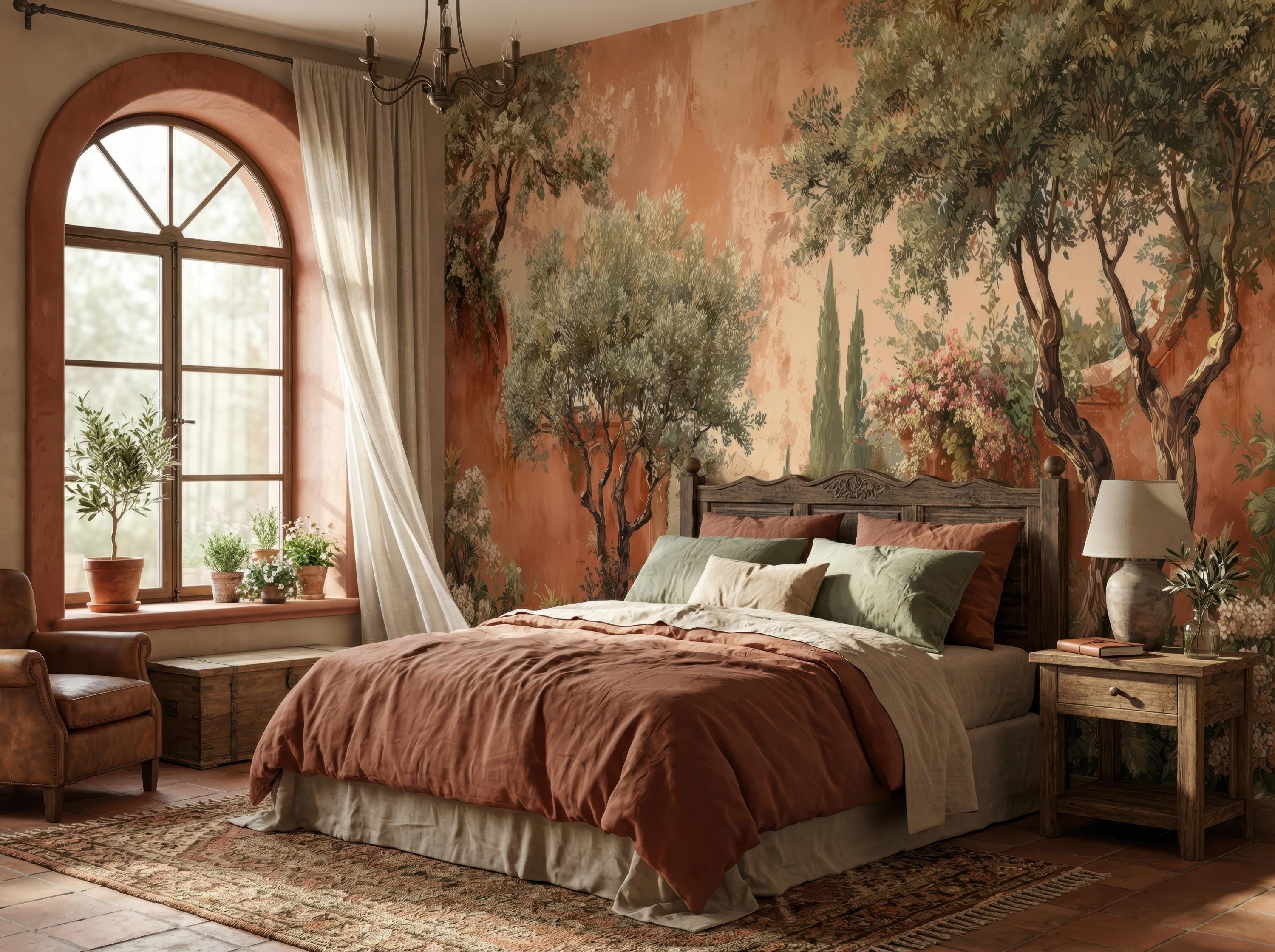 Mediterranean Olive Tree Wall Mural, Terracotta Garden Landscape ...