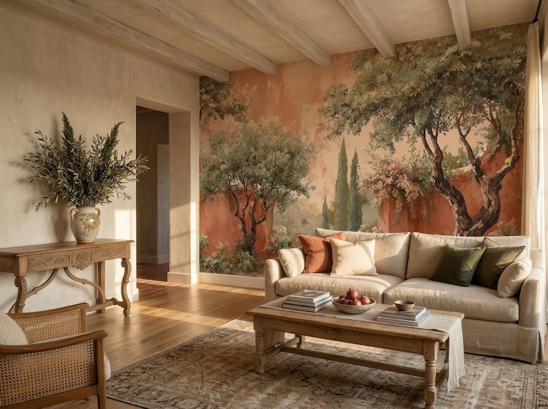 Mediterranean Olive Tree Wall Mural, Terracotta Garden Landscape ...