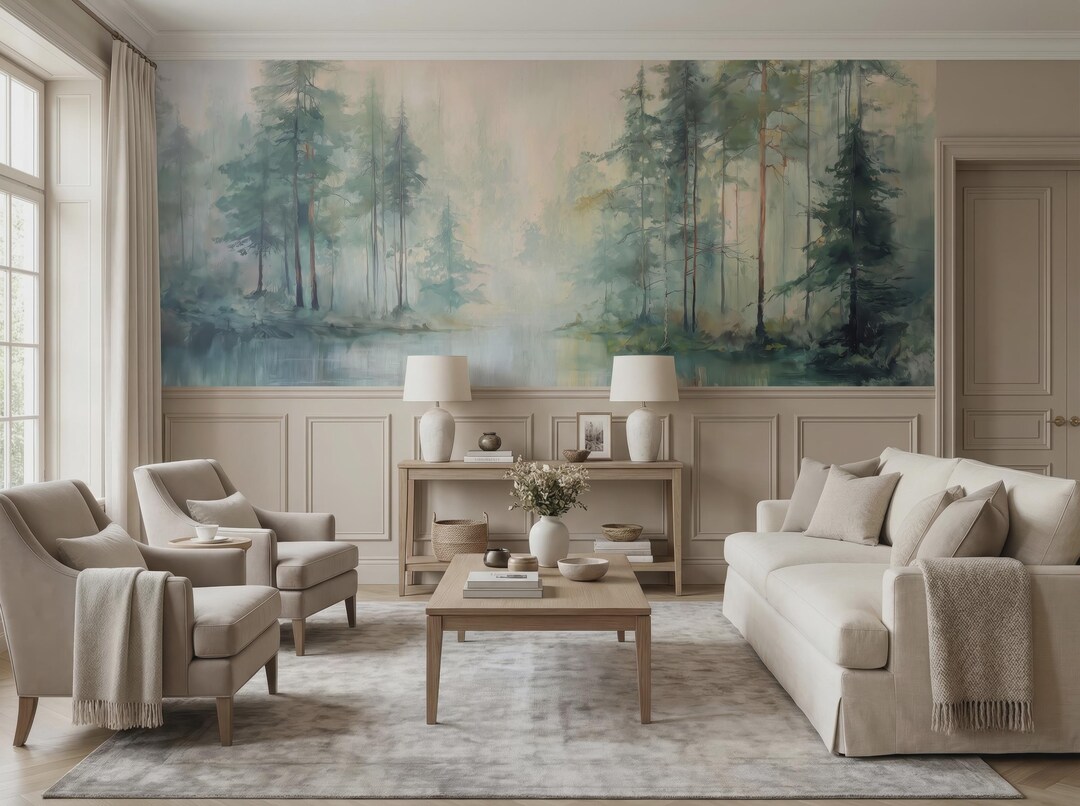 Foggy Forest Lake Mural Wallpaper, Misty Pine Trees Landscape Wall Art ...