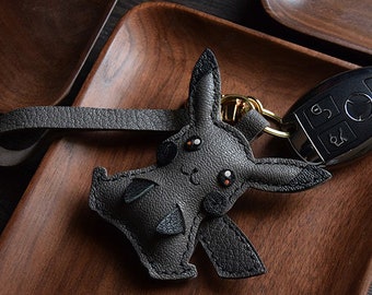 Luxury Black Gray Pikachu Leather Keychain | Leather Keychain for Women | Pikachu Keychain | Keychain for Duffle Bags |Tote Bags | Bag Charm