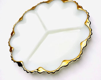 Vintage Anchor Hocking / Fire King Milk Glass Divided Serving Plate with 22k Gold Scalloped Edge - 3 Part Mid Century Serving Dish