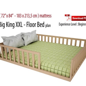 Big King XXL Double Montessori Floor Bed Woodworking Diy Plan, Bed Plan, Pdf, Toddler Floor Bed With Slats