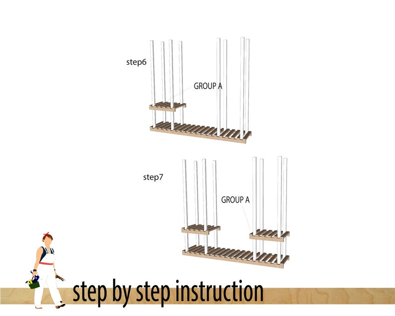 May include: Step-by-step instructions for building a wooden shelf unit. The image shows two steps, step 6 and step 7, with the shelf unit in various stages of construction. The text "GROUP A" is labeled on the image.