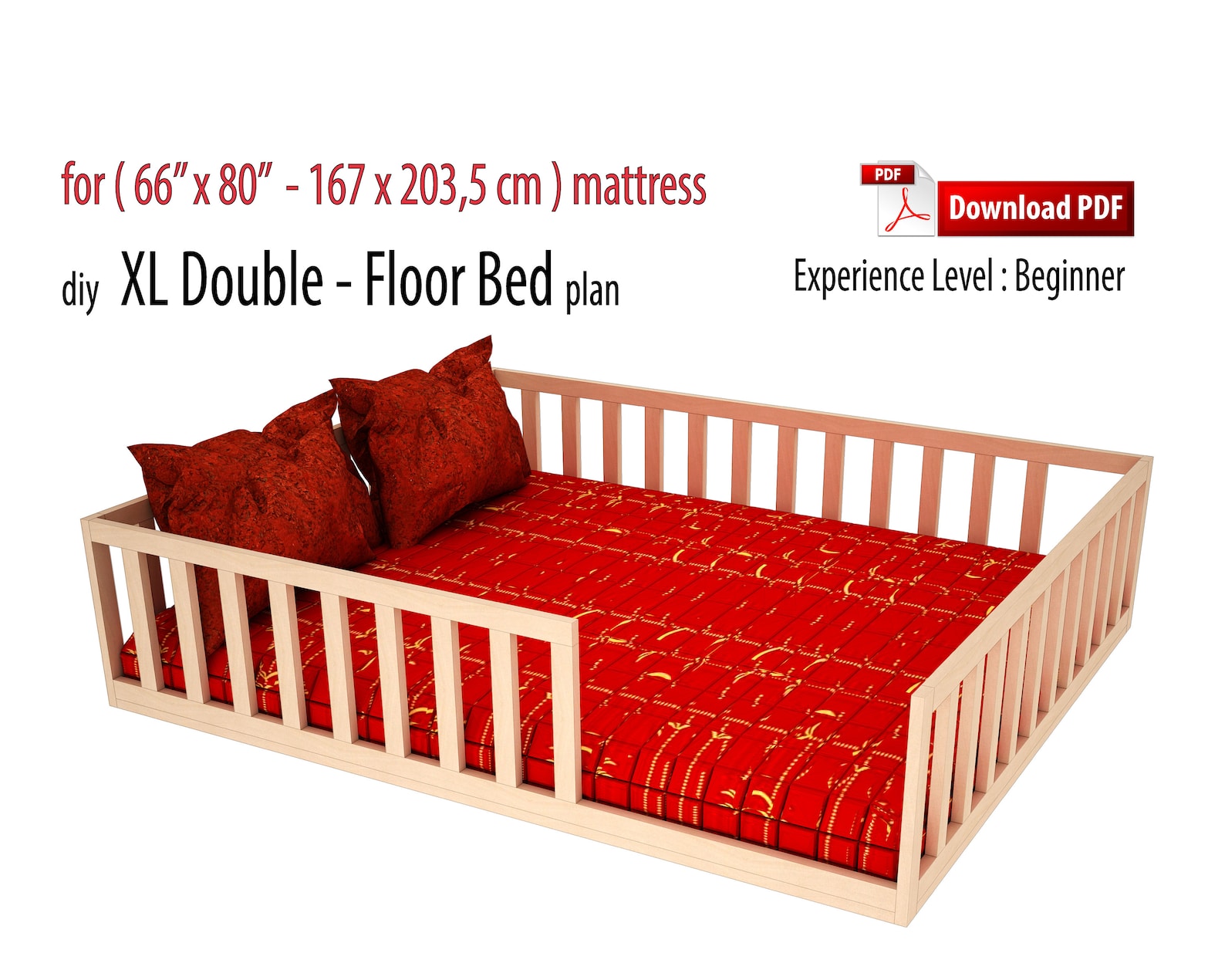 XL Double Montessori Floor Bed Woodworking Diy Plan Bed Plan Etsy