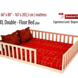 XL Double Montessori Floor Bed Woodworking Diy Plan, Bed Plan, Pdf, Toddler Floor Bed With Slats