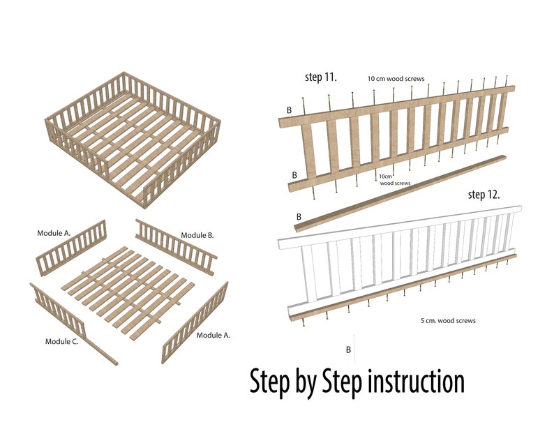 Large Double Montessori Floor Bed Woodworking Diy Plan, Bed Plan, Pdf, Toddler Floor Bed With
