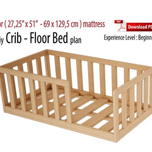 Op de afbeelding: DIY-babybed - vloerbedplan voor een matras van 69 cm x 129,5 cm. Het plan is voor beginners. De afbeelding toont een houten babybedframe.