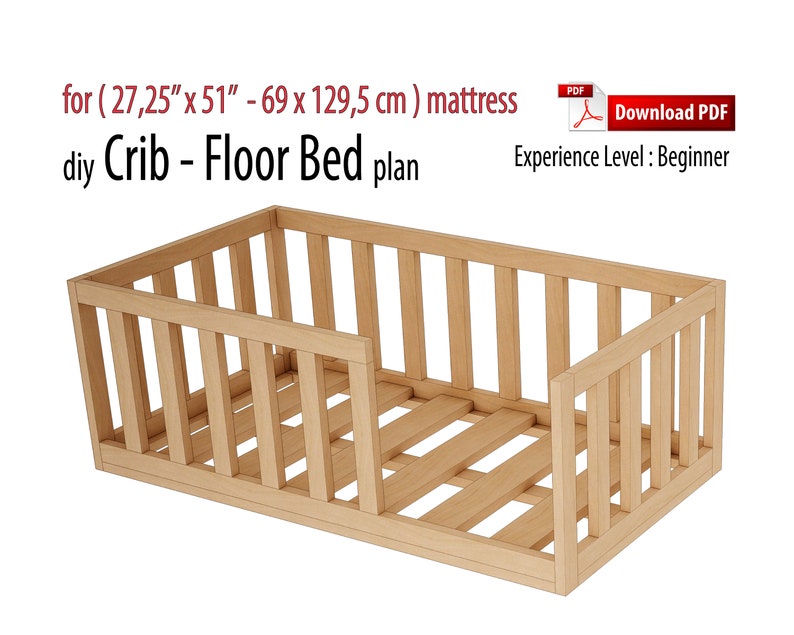 Op de afbeelding: DIY-babybed - vloerbedplan voor een matras van 69 cm x 129,5 cm. Het plan is voor beginners. De afbeelding toont een houten babybedframe.