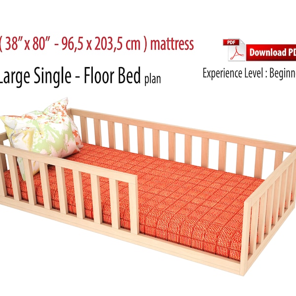 Large Single Montessori Floor Bed Woodworking Diy Plan, Bed Plan, Pdf, Toddler Floor Bed With Slats