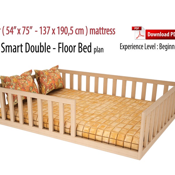 Smart Double Montessori Floor Bed Woodworking Diy Plan, Bed Plan, Pdf, Toddler Floor Bed With Slats