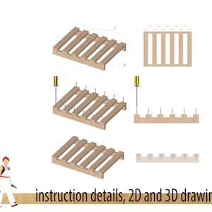 May include: A step-by-step guide on how to build a wooden pallet. The instructions include 2D and 3D drawings, as well as a visual representation of the process. The image shows a person using a screwdriver to attach the wooden slats together.