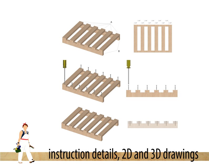 May include: A step-by-step guide on how to build a wooden pallet. The instructions include 2D and 3D drawings, as well as a visual representation of the process. The image shows a person using a screwdriver to attach the wooden slats together.