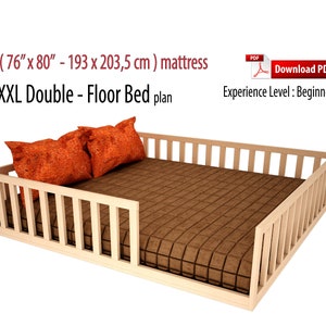 XXL Double Montessori Floor Bed Woodworking Diy Plan, Bed Plan, Pdf, Toddler Floor Bed With Slats