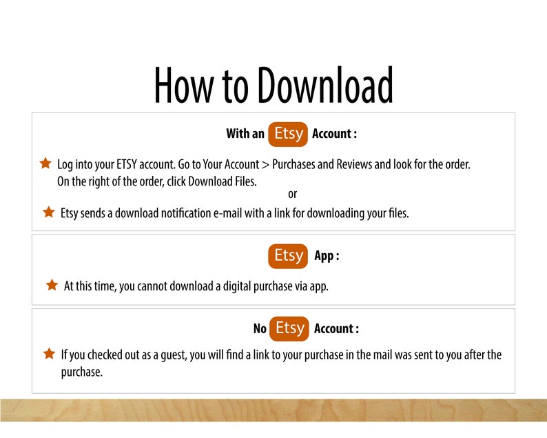 May include: A guide on how to download digital purchases from Etsy. The guide explains how to download purchases using an Etsy account, the Etsy app, or as a guest.