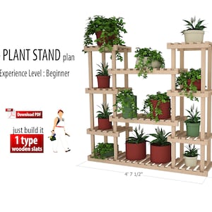 May include: DIY plant stand plan, beginner level.  The stand is made of wood and has 7 shelves.  It is 4' 3" tall and 4' 7 1/2" wide.  The stand is shown with plants on each shelf.