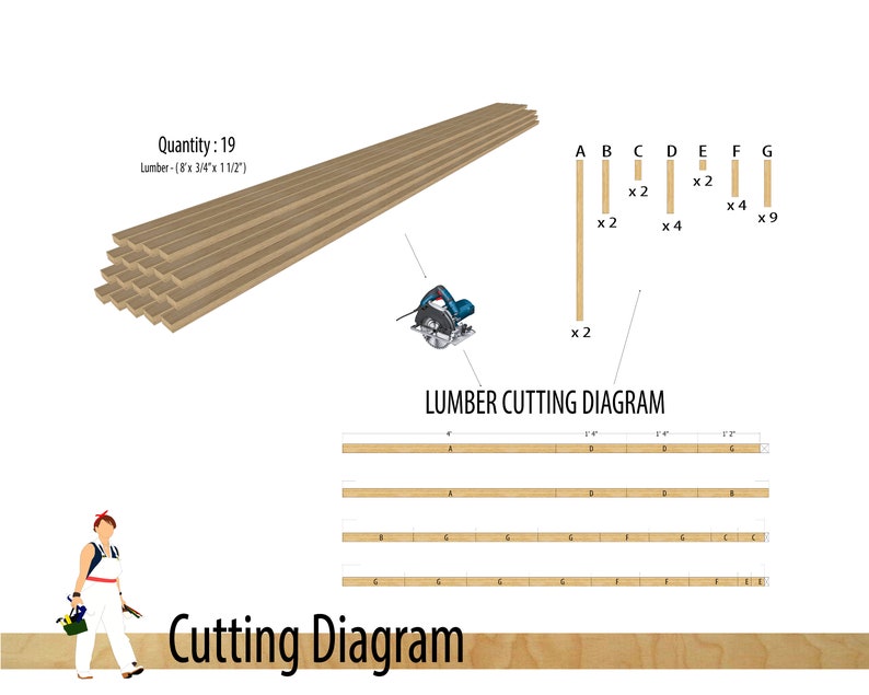 May include: Diagram showing how to cut 19 pieces of 8-inch by 3/4-inch by 1 1/2-inch lumber into different lengths. The diagram shows the lengths of each piece and how many of each length are needed. The diagram also includes a table showing the number of pieces needed for each length.