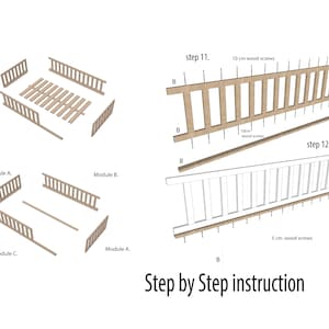 Op de afbeelding: Stapsgewijze instructies voor het monteren van een houten bedframe. De instructies bevatten diagrammen die laten zien hoe het frame met behulp van schroeven wordt gemonteerd. Het frame bestaat uit meerdere modules die zijn gelabeld met A, B en C.