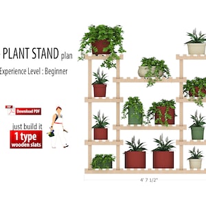 May include: A wooden plant stand with five shelves, each holding a potted plant. The stand is 4' 7 1/2" wide and 4' 3" tall. The text "diy PLANT STAND plan" and "Experience Level: Beginner" is visible on the image.