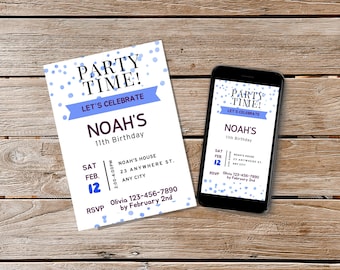Party Time Blue Dot Confetti Birthday Invitation | Editable Canva Template (Digital Download)