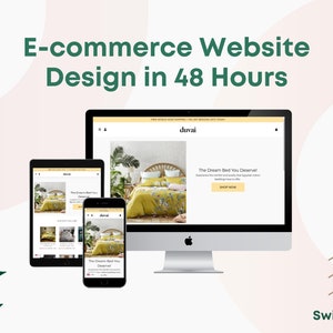 May include: A mockup of an e-commerce website design for a bedding company called "duvai". The website is shown on a desktop computer, tablet, and smartphone. The website features a yellow and white floral bedding set with the text "The Dream Bed You Deserve!" and a "Shop Now" button.